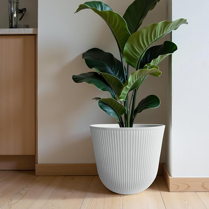 WORTH Garden Round Large Planter Pot Set of 2-17.5" Dia x 15.5" H - Durable Plastic White Plant Tree Pots with Vertical Stripe Textured Finish, Drainage Hole for Indoor, Outdoor, Front Porch, Patio