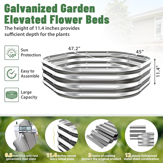 Hexagon Raised Garden Bed, 48 Inch Diagonal & 12 Inch Tall, Galvanized Steel Planter Box with Wave-Shaped Metal Panels for Outdoor Flower,Tree,Herb & Vegetable Garden (Silver, 4FT X 1FT)