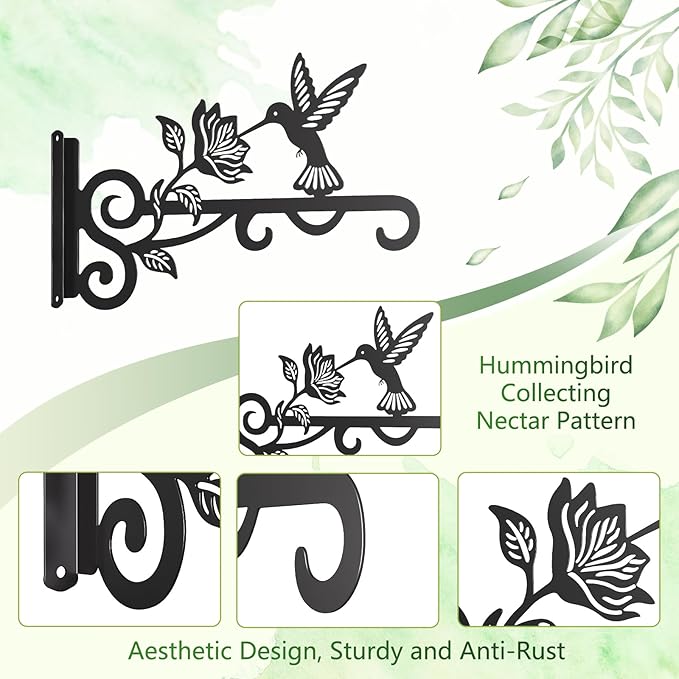 2-Pack Aesthetic Plant Hangers Outdoor – 10 Inch Metal Hanging Plant Bracket with Beautiful Hummingbird Pattern – Anti Rust Plant Hooks for Hanging Plants, Bird Feeder, Windchime, Lantern
