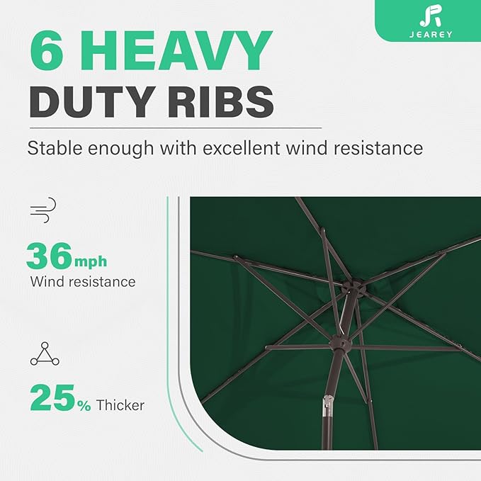 JEAREY 6.5x10 ft Rectangular Patio Umbrellas Rectangle Outdoor Umbrella with Push Button Tilt and Crank, Market Table Umbrella 6 Sturdy Ribs UV Protection for Poolside Garden Backyard Deck, Dark Green