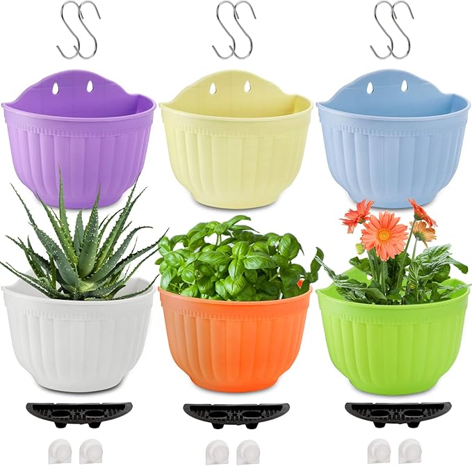 DEAYOU 6 Pack Wall Planter Hanging Flower Pot, Window Hang Indoor Outdoor Plant Basket for Fence, Railing Resin Pots with S Hooks and Drainage Meshes, Half Round Herb Holders for Garden