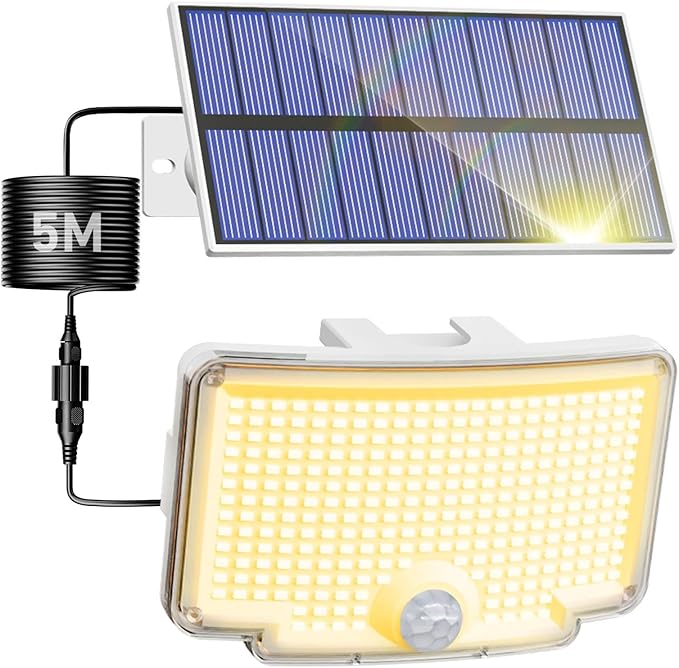 Peasur 1 Pack Solar Motion Lights Outdoor, 318 LED Solar Security Light with 3 Modes, IP65 Waterproof Powered Flood Lights for Outside Garden Backyard，Warm (White Frame)