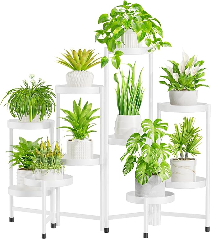 iDavosic.ly Plant Stand Indoor Outdoor, 10 Tier Corner Metal Flower Display Holder Shelf, Easy Assembly Folding Tall Orchid Rack for Patio Balcony Porch Garden Living Room House, White