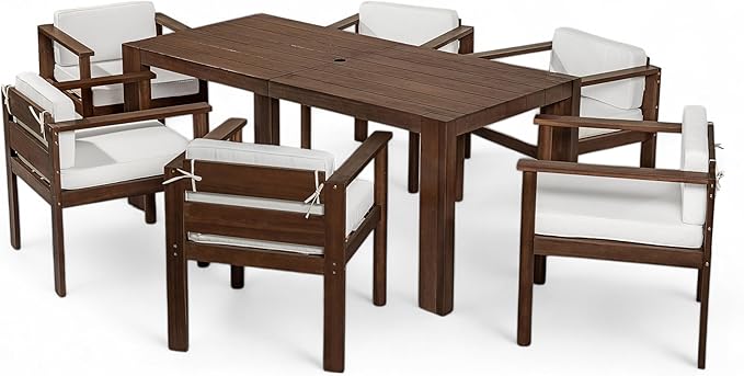 Merax 7-Piece Patio Dining Table Set,Outdoor Furniture Set with 72.8" Rectangle Table & 6 Chairs,Adjustable Leveling Feet,Umbrella Hole for Backyard,Garden,Poolside,Brown+ Beige