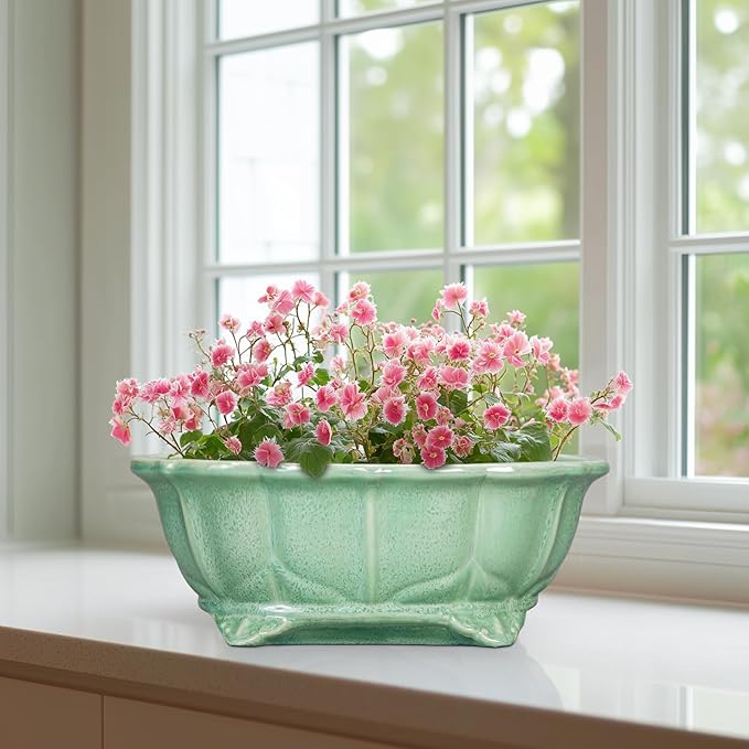 Bonsai Pots 11 Inch - Ceramic Succulent Pots with Drainage Hole, Oval Planter for Indoor Outdoor, Decorative Ceramic Flower Pot, Home Garden Room Decor, Plant Lover Gifts, Green