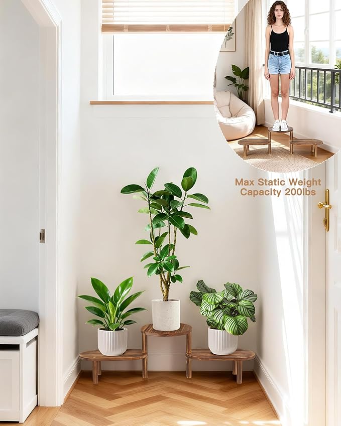 3 Tier Corner Plant Stand Indoor - Adjustable Wood Convex Flower Stand for Small Spaces, Heavy Duty Long Plant Shelf for Living Room Balcony Hallway