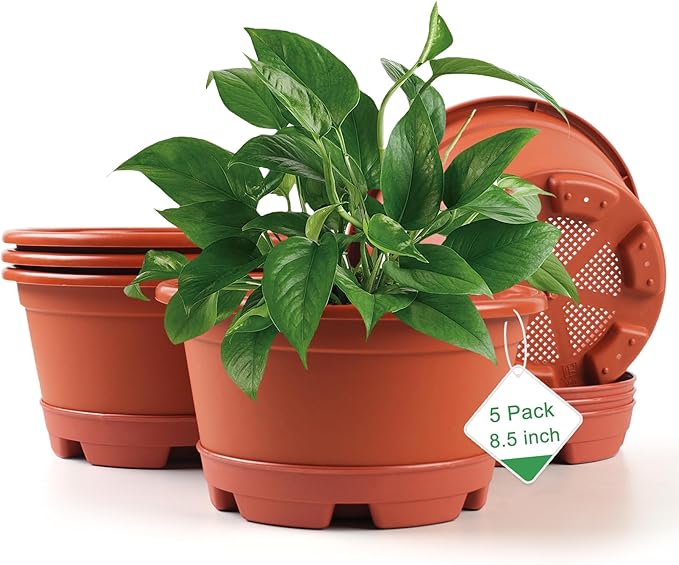 5 Pack 8.5 inch Plant Pot,Outdoor Flower Pots,Plastic pots for Plants Indoor with Drainage Holes and Trays, Decorative Garden Containers Sets for Houseplants