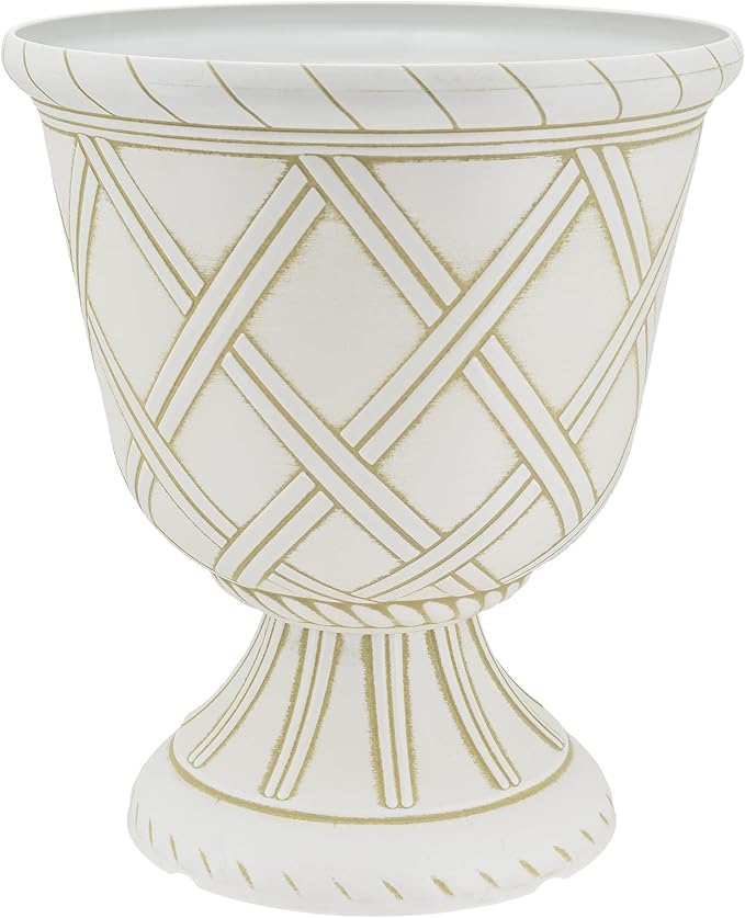Arcadia Garden Products PL61BG Lattice Plastic Garden Urn, Classic Decorative Garden Pot Planter for Indoor and Outdoor Plants, Beige