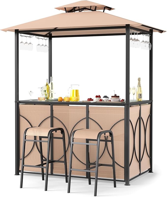 Tangkula 3-Piece Patio Bar Set, Grill Gazebo & 2 Bar Stools with Tempered Glass Bar Table, Metal Storage Shelves, Glass Holders, Double-Tier Soft Top Canopy BBQ Gazebo Shelter for Patio Garden (Brown)