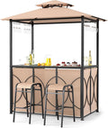 Tangkula 3-Piece Patio Bar Set, Grill Gazebo & 2 Bar Stools with Tempered Glass Bar Table, Metal Storage Shelves, Glass Holders, Double-Tier Soft Top Canopy BBQ Gazebo Shelter for Patio Garden (Brown)