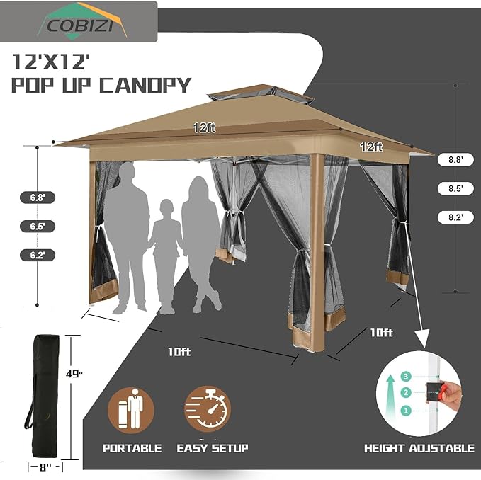 COBIZI 12x12 Pop Up Gazebo On Clearance Canopy Tent- Upgrade Metal Outdoor Canopy Waterproof - Portable Gazebo with Mosquito Nettings, 4 Ropes 8 Stakes and Carry Bag for Patio Garden(Coffee)