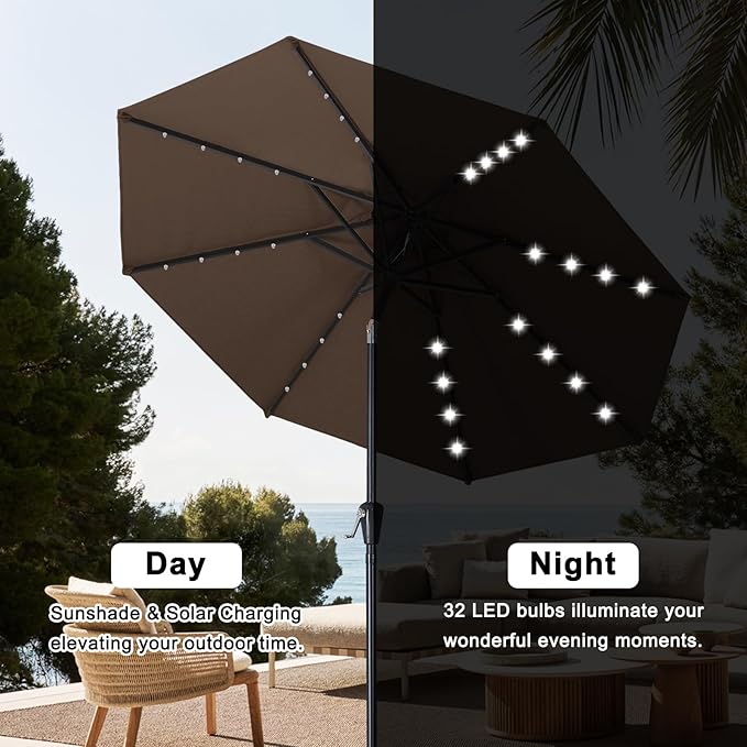 ABCCANOPY 10FT Durable Solar Led Patio Umbrellas with 32LED Lights (Brown)