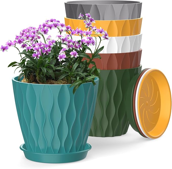 6 Inch Plant Pots, 6 Pack Indoor Flower Pots, Planters with Drainage Holes and Trays for Orchids, Violets, Succulents, Herbs, and Other Plants,Corolful