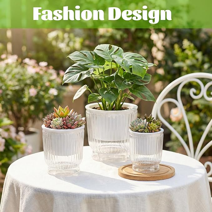 Set of 6 Self Watering Plant Pot 3 Sizes Plastic Double Layer Self Watering Flower Pot with Multi Mesh Drainage Holes Wicking Reservoir for Indoor Outdoor Garden Plants(White)