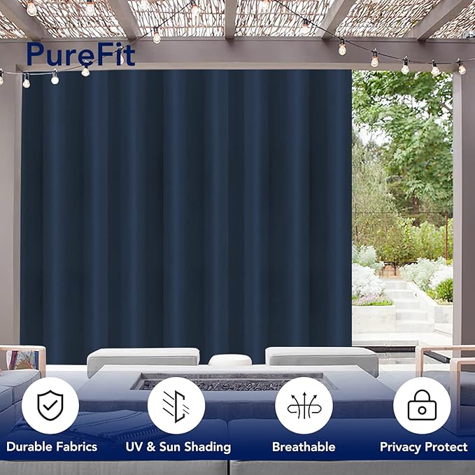 PureFit Outdoor Curtains for Patio Waterproof Weatherproof, UV Resistant Outside Curtains for Gazebo, Front Porch, Pergola, Sun Blocking Privacy Curtain, 120W x 84L inch, 1 Panel, Navy Blue