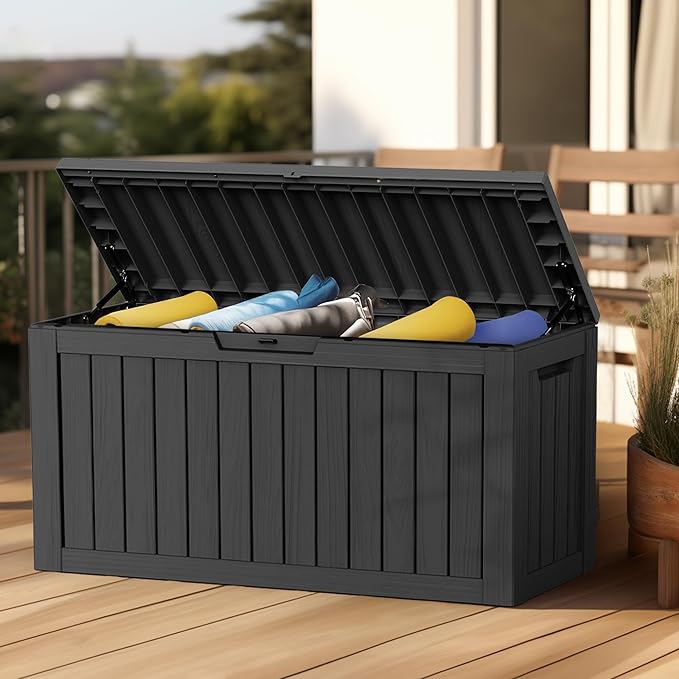 80 Gallon Outdoor Deck Box, Lockable Waterproof Outdoor Storage Boxes For Garden Tools,Indoor Cushions,Accessories Outside Storage Resin Weatherproof Container(Black)