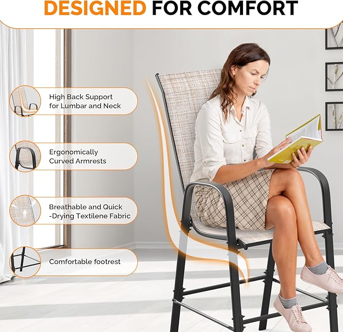 VINGLI Outdoor Bar Chairs Set of 8 – Stackable Outdoor Bar Stools with Sturdy Sling High Back and Armrests for Lawn, Courtyard, Garden, Bar, Yellow