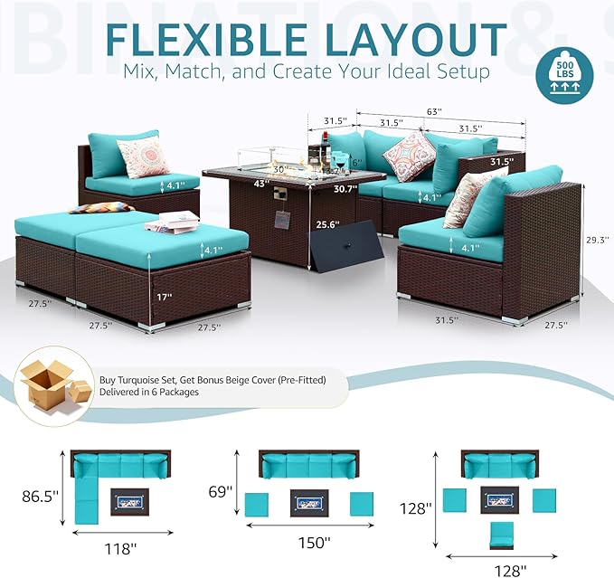 NICESOUL 7 Piece Patio Furniture Set with Natural Gas/Propane Firepit, 29.3'' High Back Comfy Outdoor Conversation Sofa Sets, Deep Seat Sectional Couch for Heavy Weight, Brown Rattan and Teal Cushion