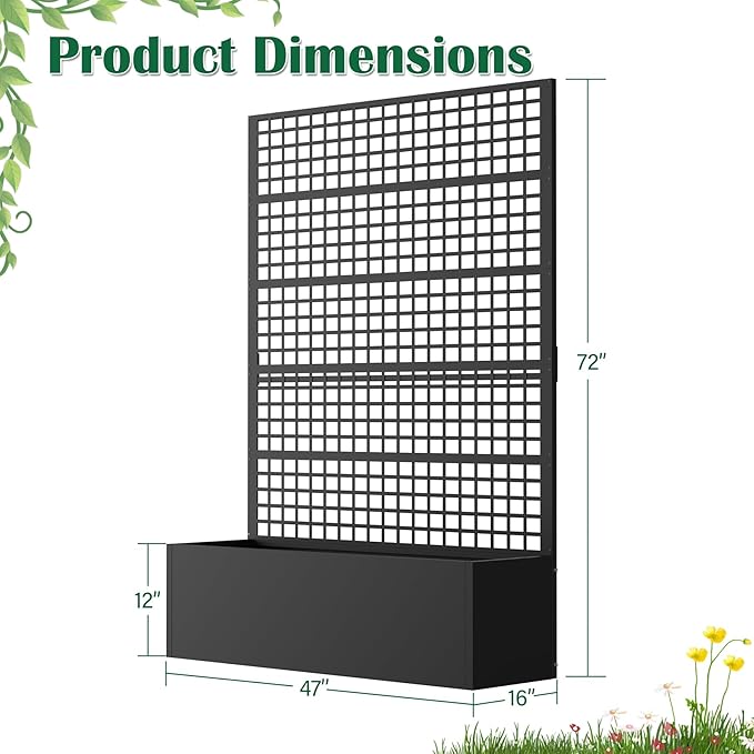 Metal Planter Box with Trellis 47" L x 16" W x 72" H, Raised Garden Bed with Privacy Screen, Privacy Planters for Climbing Plants, Flowers, Vegetables, Fruits