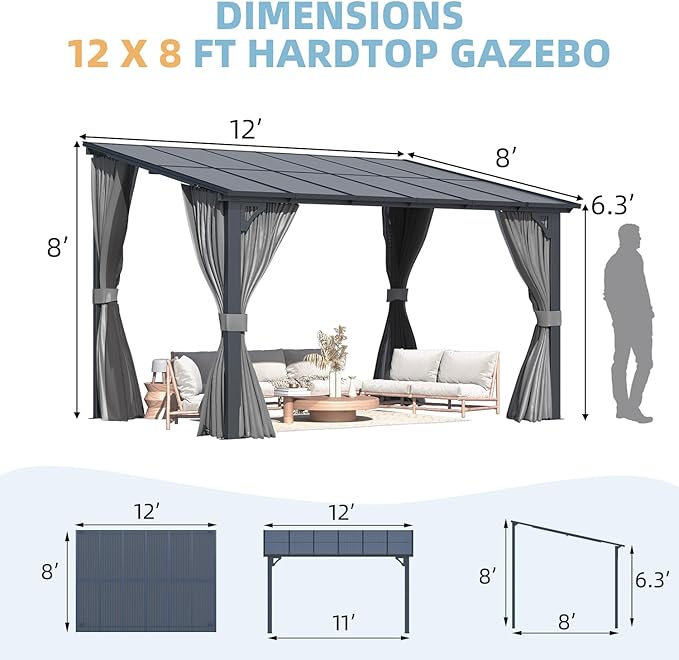 AECOJOY 12' x 8' Gazebo Outdoor Pergola with Curtains and Netting, 8'x12' Hard Top Lean to Pergolas and Gazebos Clearance with Patio Roof, Large Wall-Mounted Heavy Duty Awnings for Patio, Decks