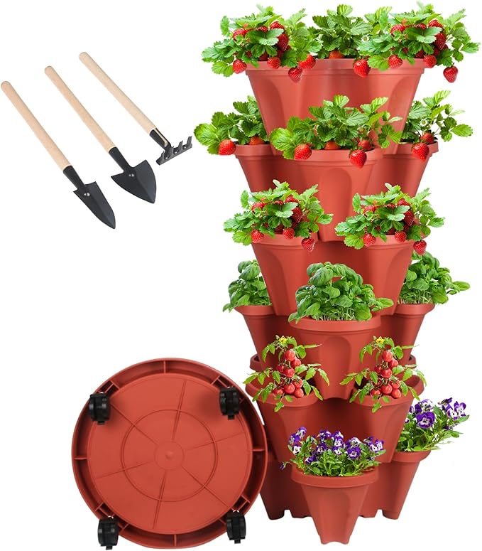 GameXcel Vertical Planter 6 Tier Stackable Planters Garden Planters Strawberry Herb Flower and Vegetable Planter Indoor Outdoor Gardening Pots with Removable Wheels and Tools