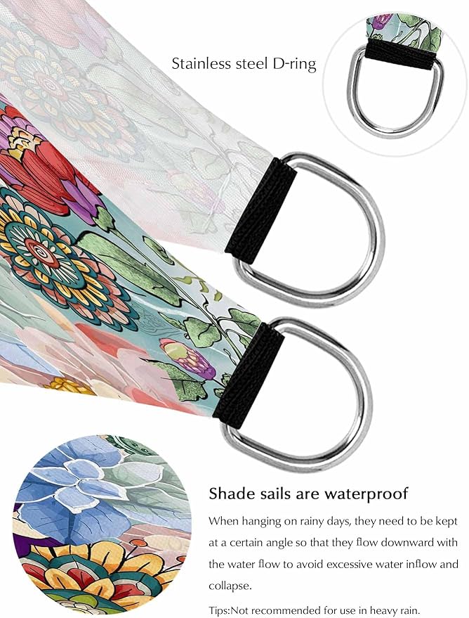 Sun Shade Sail 14'x18' Boho Floral Rectangle Sun Shade Sails Canopy Waterproof Mandala Flowers Plant Outdoor Sunshades Sand UV Block Cover Shade Cloth for Patio Backyard Garden Deck Porch Lawn