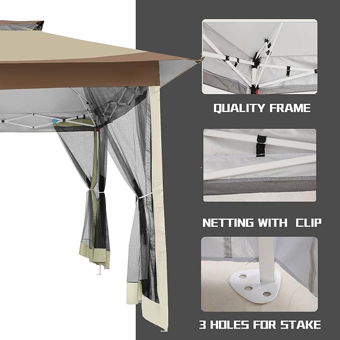 COBIZI 12x12 Pop Up Gazebo On Clearance - Upgrade Easy Up Metal Outdoor Canopy Waterproof - Portable Gazebo with Mosquito Nettings, 4 Ropes 8 Stakes and Carry Bag for Patio Garden(Khaki)