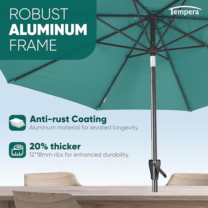 Tempera Patio Market Outdoor Table Umbrella with Auto Tilt and Crank, Large Sun Umbrella with Sturdy Pole & Fade Resistant Canopy, Easy to Set