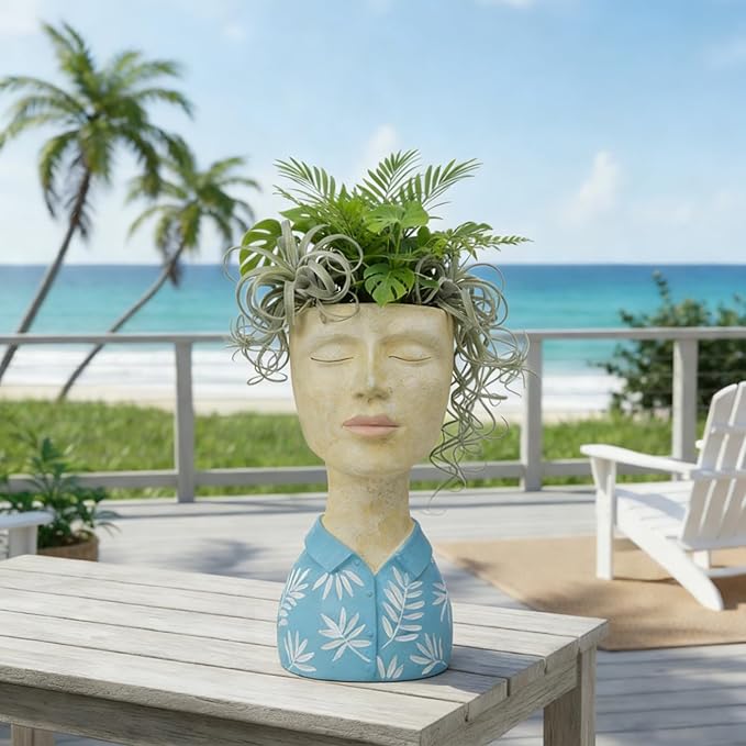 DiliComing Face Planter Pot Head Planter - Resin Blue Boy Head Planters for Indoor Outdoor Plants Decorative Flower Pot for Garden Home Office Bust Sculpture Plant Stand 5x6x10.5 Inch