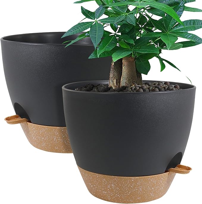 12inch 2Pack Large Self Watering Planters, Plastic Plant Pots with 60oZ Removable Deep Reservoir and Multi Mesh Drainage Holes for Indoor Outdoor Garden Plants and Flowers, Black with Brown