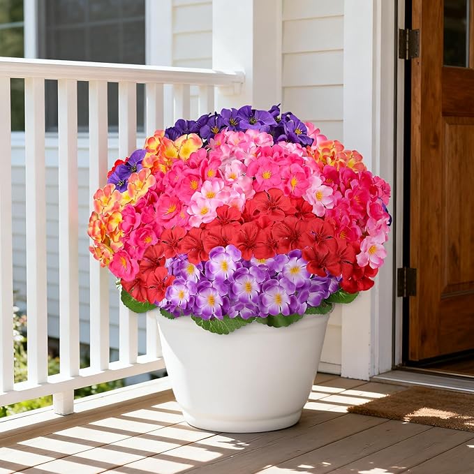 Artificial Geraniums Flowers for Outdoors, 6 Bundles Realistic Silk Fake Geranium, No Fade Faux Plants for Hanging Baskets, Window Boxes, Pots - Porch, Patio, Garden Decor(6 Color)