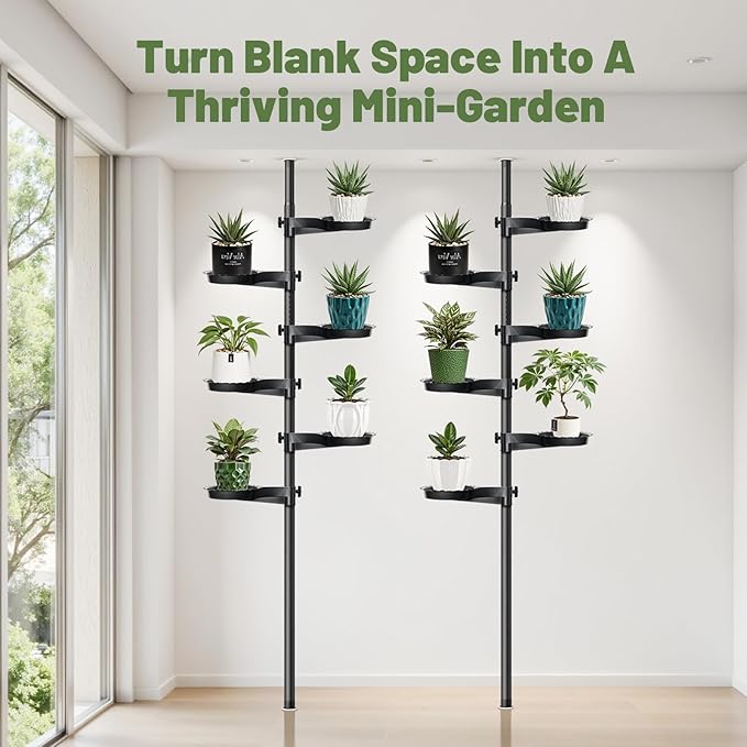 Tension Rod Plant Stand, Plant Poles for Hanging Plants Indoor, 6 Tier Tension Pole Plant Hanger, Floor to Ceiling Plant Pole with 6 Trays Hanging Plant Stand (Fit 3.6-10ft Ceiling)
