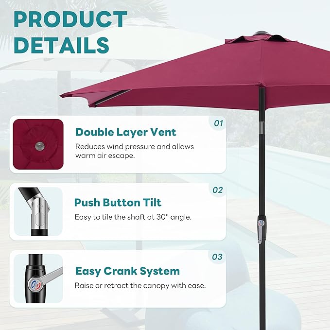 OLIXIS 7.5ft Patio Umbrella with Tilt and Crank Button & 8 Sturdy Ribs Waterproof, Patio Table Umbrella Perfect for Poolside, Terrace, Beach and Outdoor Restaurant, Red