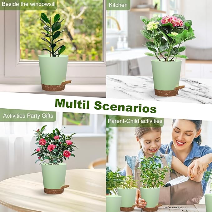Self Watering Pots, 4 inch Flower Pots with Multi Mesh Drainage Holes, Small Platic Planters for Indoor Outdoor Garden Plants and Flowers (Green with Brown Tray, 4")