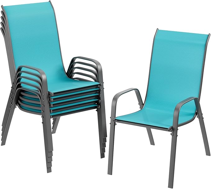 TLSUNNY Patio Chairs, Stackable Textilene Outdoor Dining Furniture for All Weather, with 17.7″ Wide Seat & Metal Frame, for Garden, Backyard, Deck, Restaurant, Poolside (6, Turquoise Blue, 24.6″)