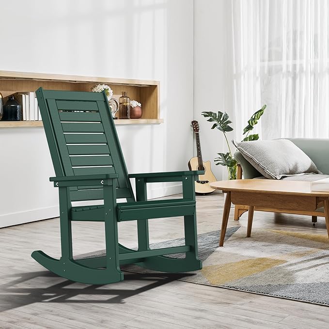 GREENVINES Outdoor Rocking Chairs | Set of 4 | Porch Rocker | HDPE Plastic | Forest | Oversized Rockers | High Back | Big & Tall | Ladder Back | for Patio Outside Backyard Balcony Garden