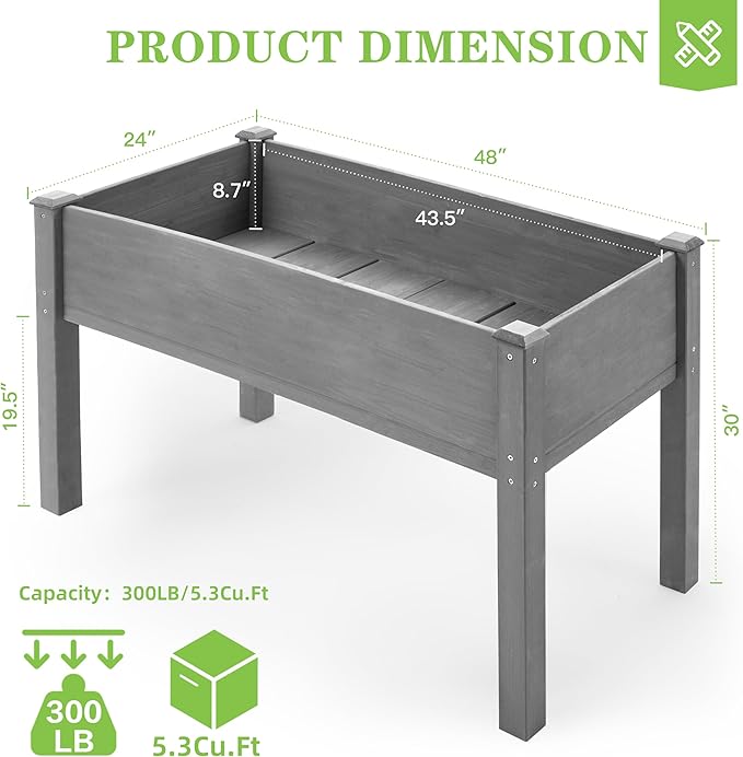 SoliWood Set of 2 Raised Garden Bed with Legs, 48x24x30'', Outdoor Wood Elevated Planter Box, Grey Cedar, Thick Legs, w/Liner