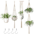 Mkono Macrame Plant Hangers Set of 4 Indoor Hanging Planter Basket Wall Decorative Flower Pot Holder with 4 Hooks for Indoor Outdoor Home Decor Gift Box, Ivory