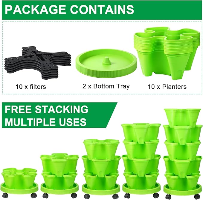 Umigy 2 Set 5 Tier Stackable Planters Vertical Garden Planters for Strawberry Herb Flower and Vegetable Indoor Outdoor Gardening Pots with Removable Wheels and Bottom(Green)