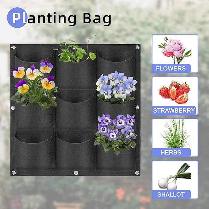 9 Pockets Hanging Planter Bags, Hanging Vertical Wall Mounted Plant Planting Grow Bags, Herb Garden Planter Outdoor Indoor Growing Bag, Gardening Vertical Greening Flower Container(0.5m×0.5m, Black)