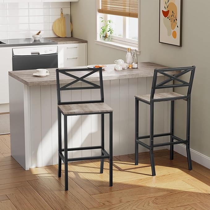 Bar Stools, Set of 2 Bar Chairs with Backrest and Footrest, 26" Tall Counter Bar Stools, Kitchen Breakfast Bar Chairs, Easy Assembly, for Dining Room, Greige BAHG0901N3