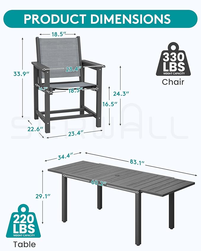 SERWALL 9-Piece Outdoor Dining Set, 60" - 83" Expandable Patio Dining Table with 6 Breathable Textilene Chairs, All Weather HDPE Patio Furniture Set for Backyard, Garden, Grey