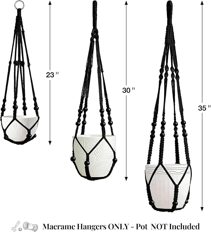3 Pack Macrame Plant Hanger Indoor 3 Different Sizes Hanging Planter Basket Flower Pot Holder with Wood Beads & No Tassels for Boho Home Decor, 23, 30, 35 Inch, Black (Pot Not Included)