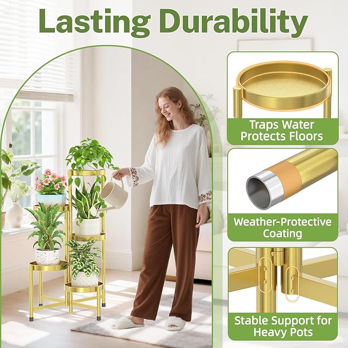 iDavosic.ly Plant Stand Indoor Outdoor, 5 Tier Corner Metal Flower Display Holder Shelf, Easy Assembly Folding Tall Orchid Rack for Patio Balcony Porch Garden Living Room House, Gold