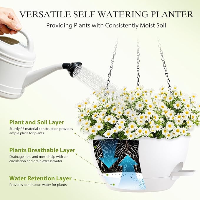 12 Inch Hanging Baskets 2 PC with Chains, Self-Watering Hanging Planters for Indoor Outdoor Plants, Plastic Hanging Flower Pots,White