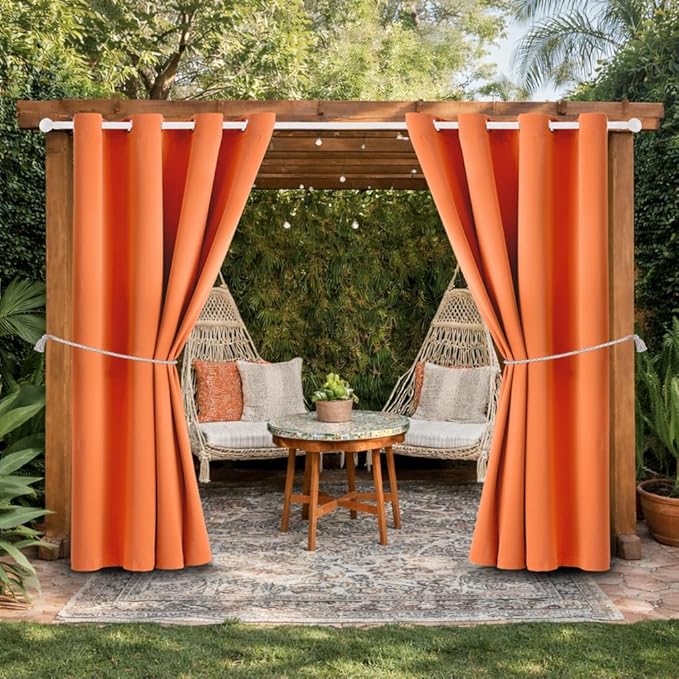 Outdoor Indoor Curtains W52 x L108 for Patio - Weather-resistant Window Panels Privacy Protect Grommet Top Thermal Insulated Home Curtain for Porch Pergola Garden (Orange, 2 Panels)