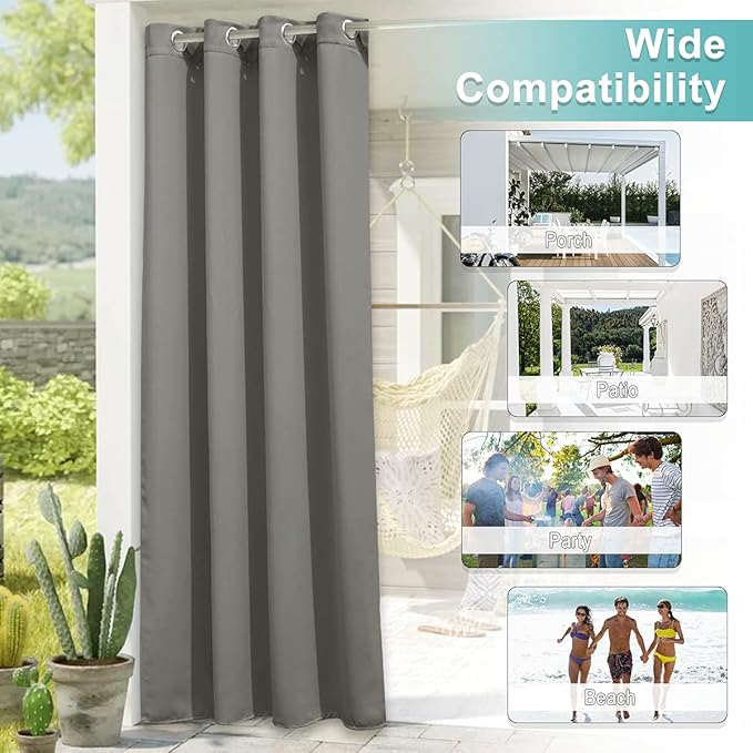 NICETOWN Outdoor Curtain Panel for Patio Waterproof, Rustproof Silver Grommet Luxury Thermal Insulated Blackout Thermal Insulated Outdoor Drape for Front Porch, W52 x L120, Slate Grey, 1 Panel