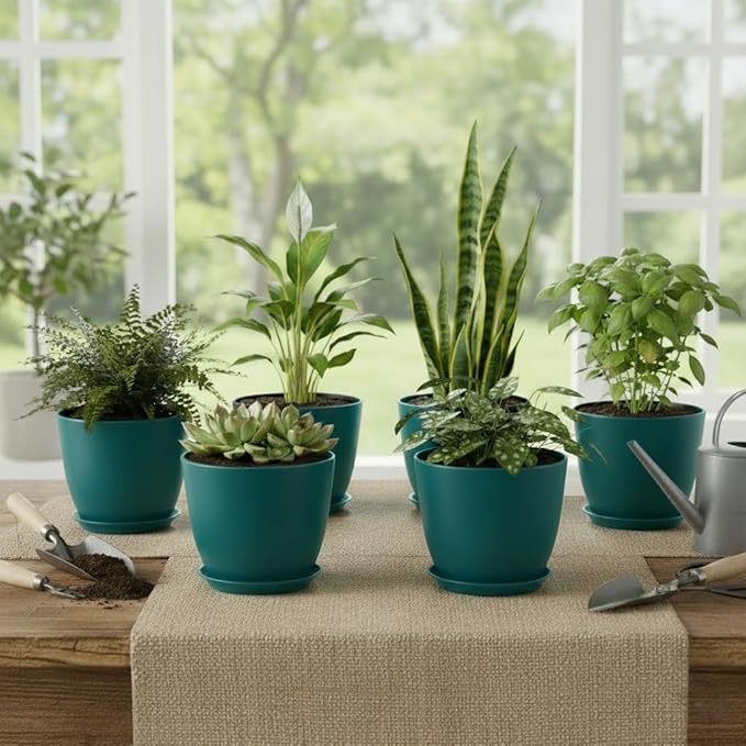 Plant Pots 8 Inch Set of 6, Flower Pots with Drainage Holes and Saucer, Plastic Garden Planters for Indoor & Outdoor Plants (Deep Green)