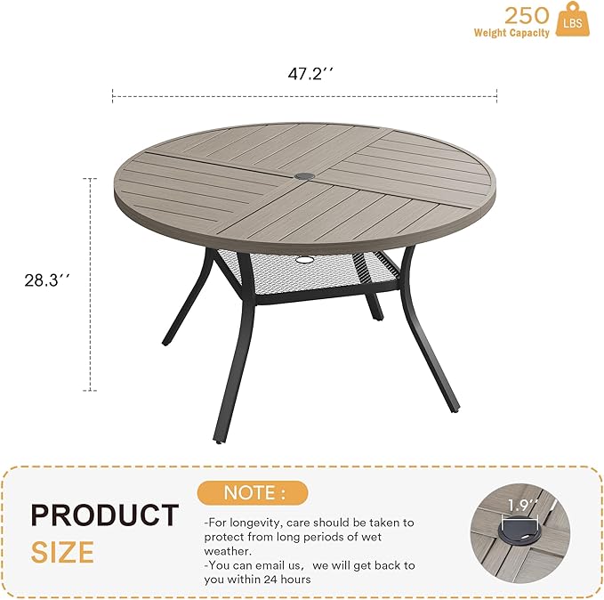 VICLLAX Round Patio Table with Adjustable Umbrella Hole for 6, All Weather Metal Outdoor Dining Table for Lawn Garden, 47.2" Outdoor Coffee Table, Grey Wood-Like Tabletop