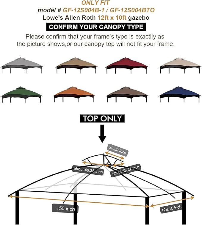 Eurmax USA High Performance Replacement Canopy Top for Lowe's Allen Roth Heavy Duty Gazebo Roof Gazebo Top with Air Vent 10X12 Cover #GF-12S004B-1, Replacement Top Only (Brown)